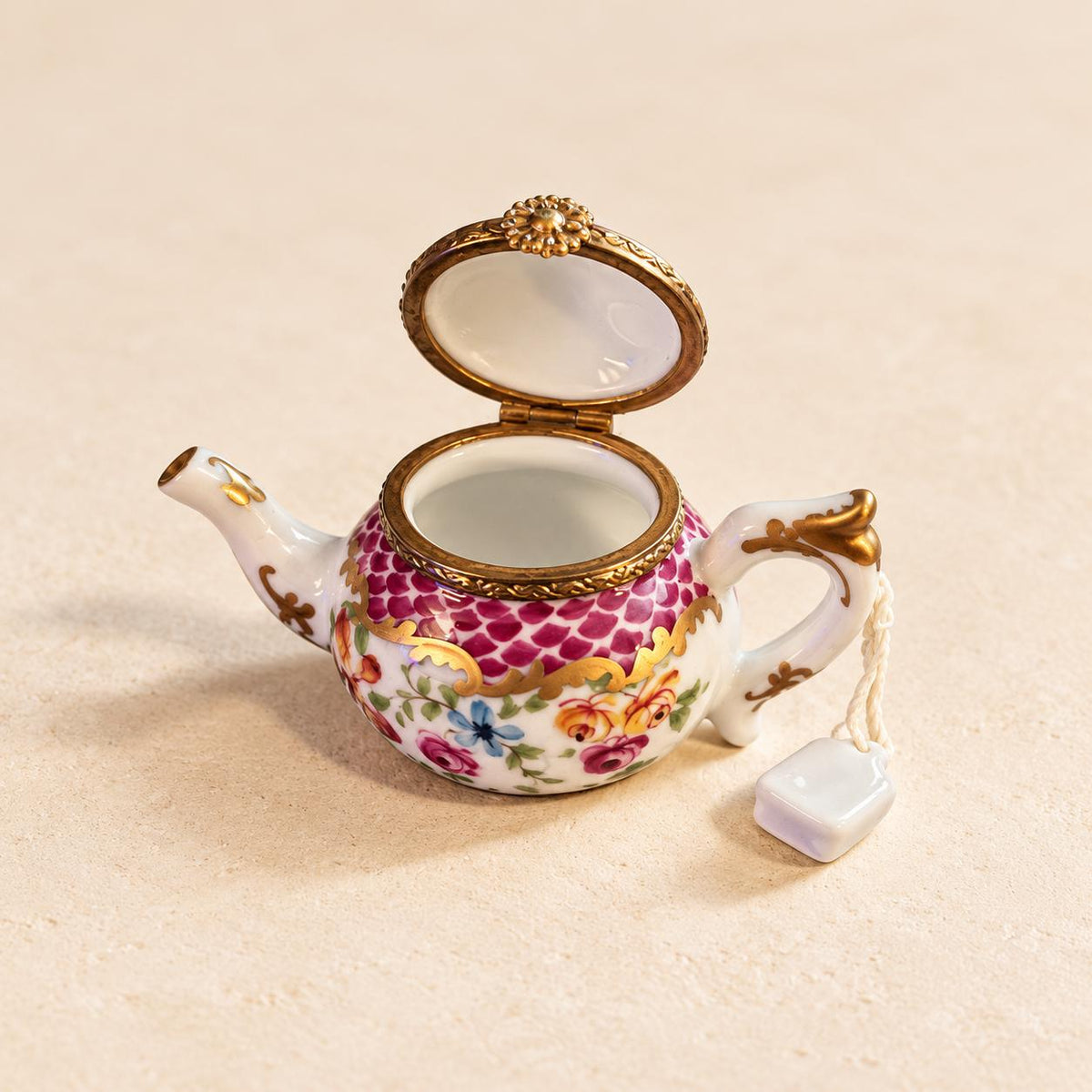 Vintage Rochard Limoges teapot trinket box, hand-painted floral porcelain box