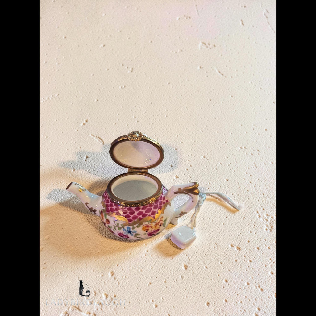 Vintage Rochard Limoges teapot trinket box, hand-painted floral porcelain box