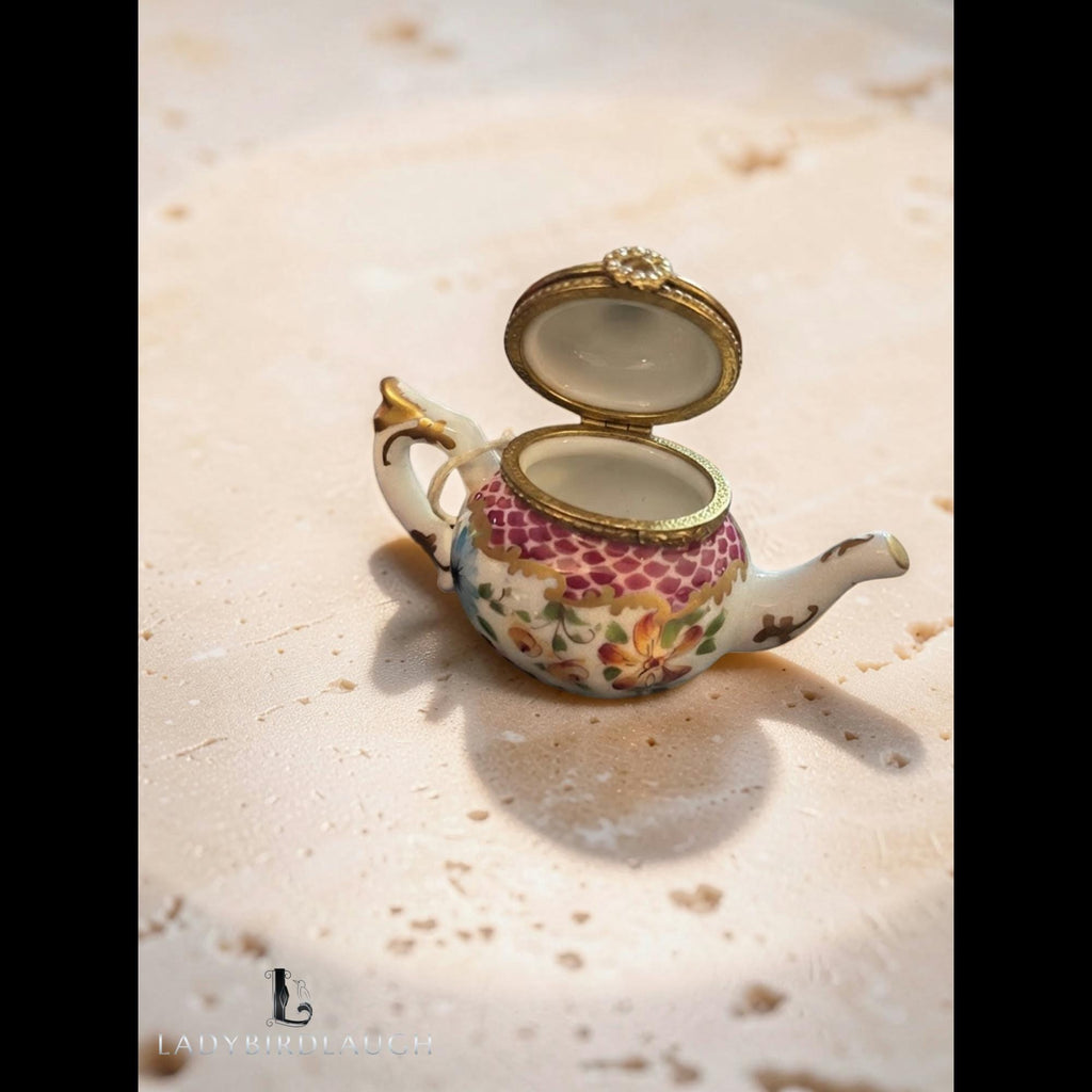 Vintage Rochard Limoges teapot trinket box, hand-painted floral porcelain box