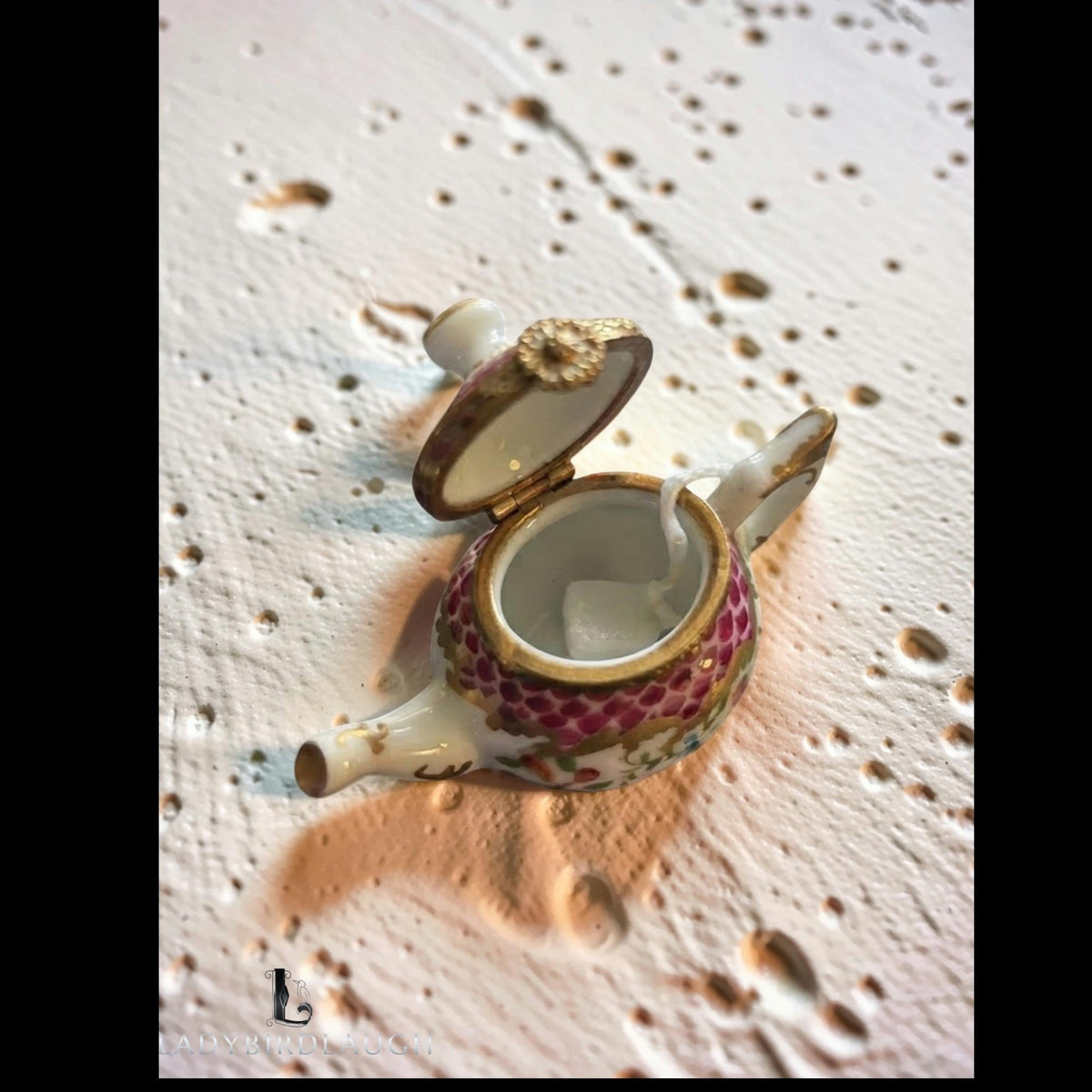 Vintage Rochard Limoges teapot trinket box, hand-painted floral porcelain box