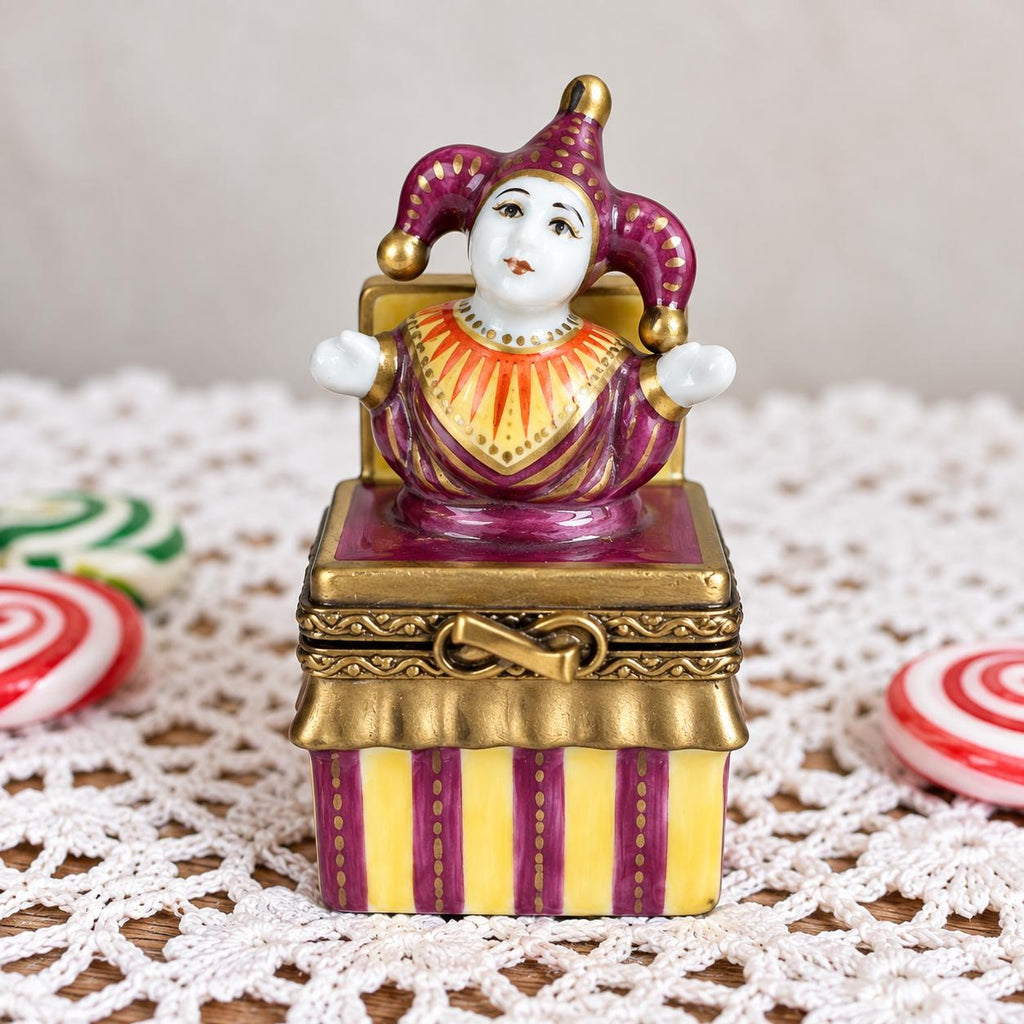 Vintage P.V. Limoges France hand painted jester jack-in-the-box porcelain trinket box