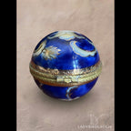 Vintage cobalt blue porcelain trinket box with crowned K mark, floral hinged pill box