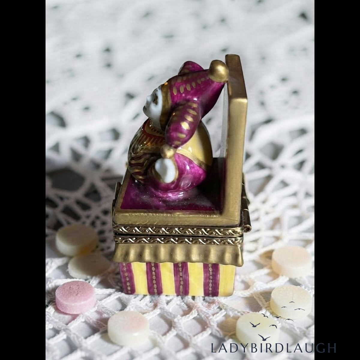 Vintage P.V. Limoges France hand painted jester jack-in-the-box porcelain trinket box