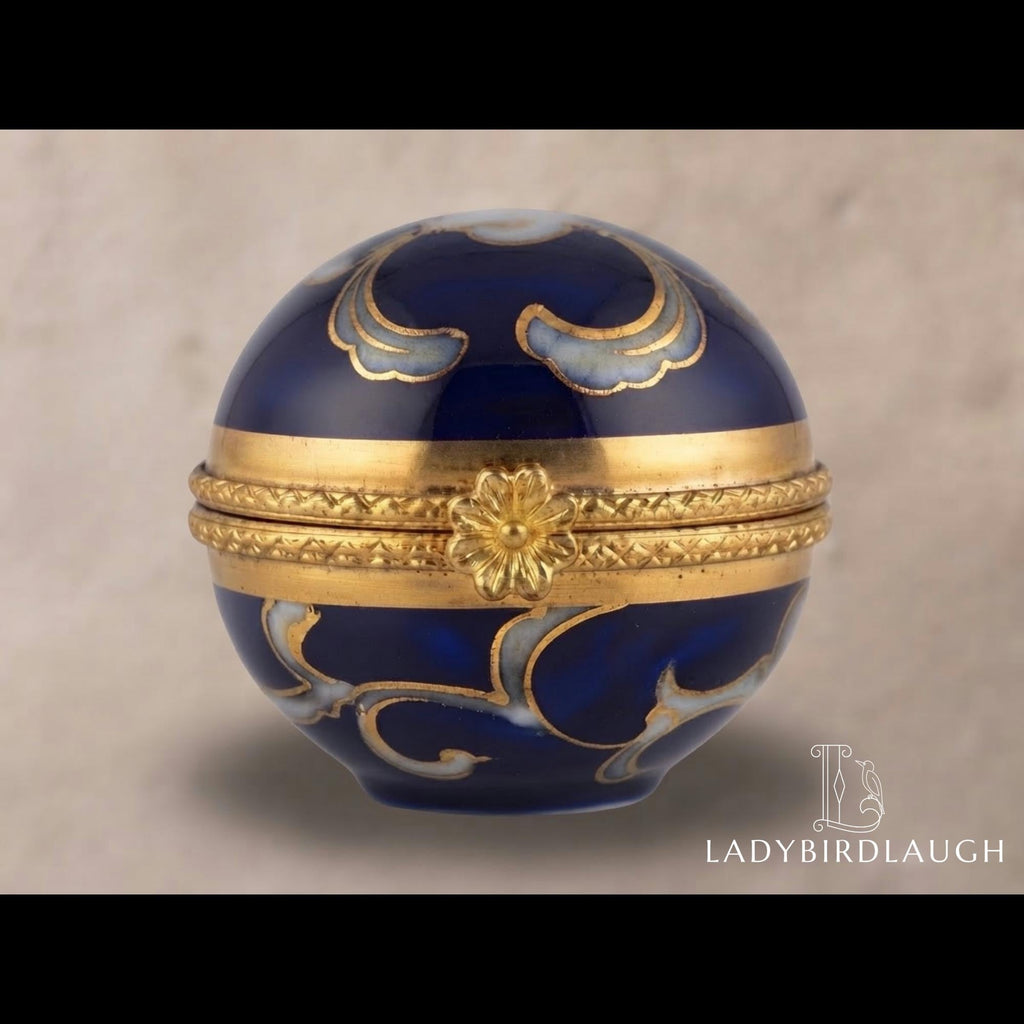 Vintage cobalt blue porcelain trinket box with crowned K mark, floral hinged pill box