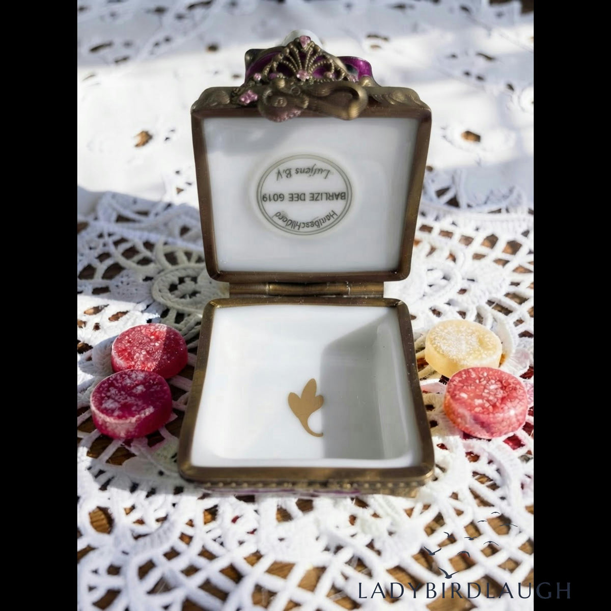 Vintage P.V. Limoges France hand painted jester jack-in-the-box porcelain trinket box