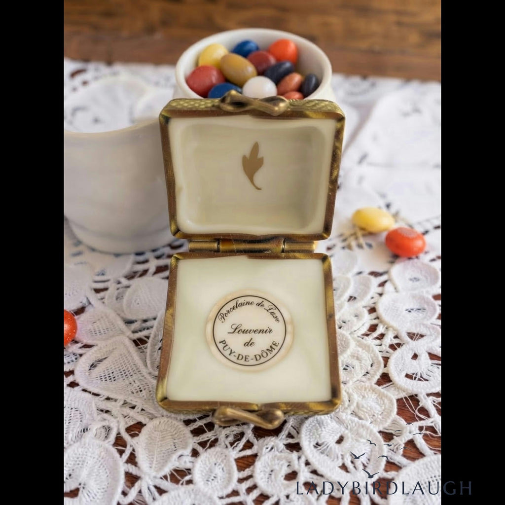 Vintage P.V. Limoges France hand painted jester jack-in-the-box porcelain trinket box
