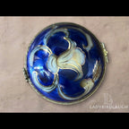 Vintage cobalt blue porcelain trinket box with crowned K mark, floral hinged pill box