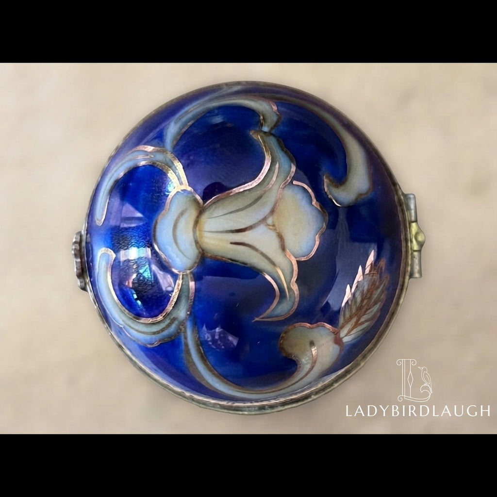 Vintage cobalt blue porcelain trinket box with crowned K mark, floral hinged pill box