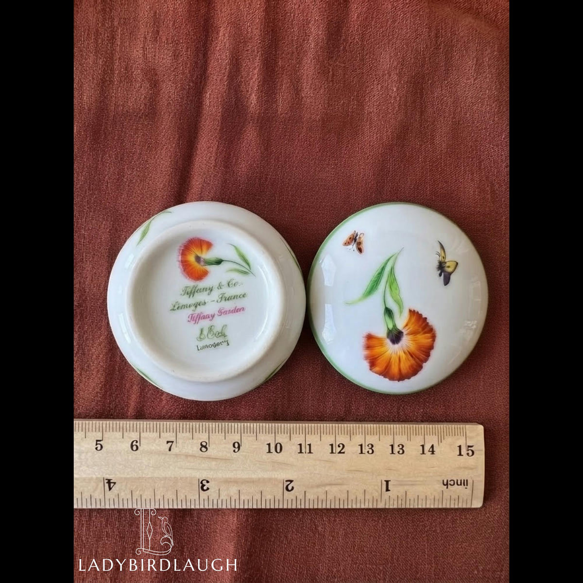 Tiffany & Co. Limoges France Tiffany Garden poppy and butterfly porcelain trinket box