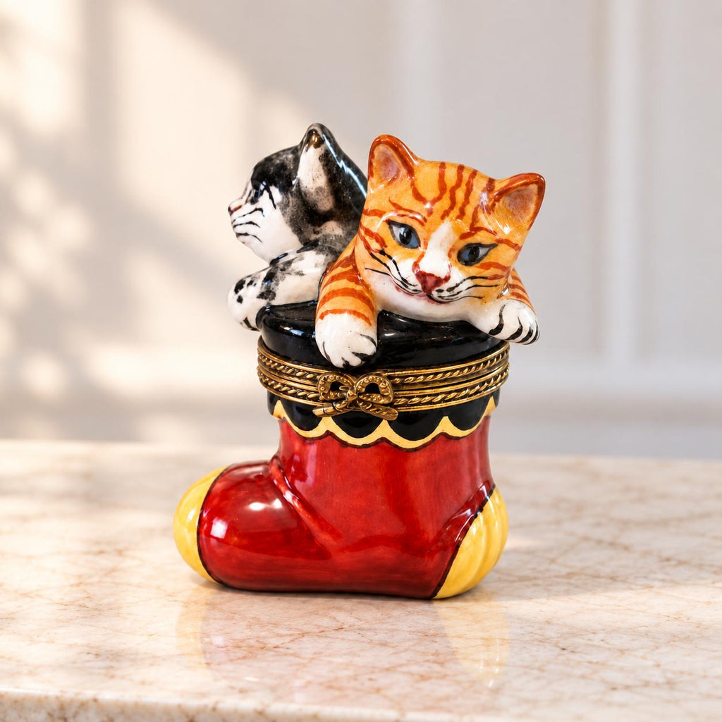 Limoges France kittens in Christmas stocking trinket box