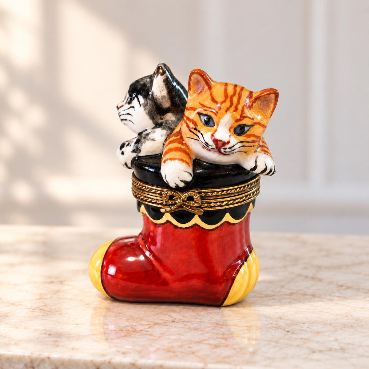 Limoges France kittens in Christmas stocking trinket box