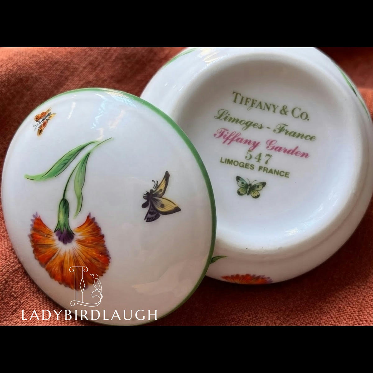 Tiffany & Co. Limoges France Tiffany Garden poppy and butterfly porcelain trinket box