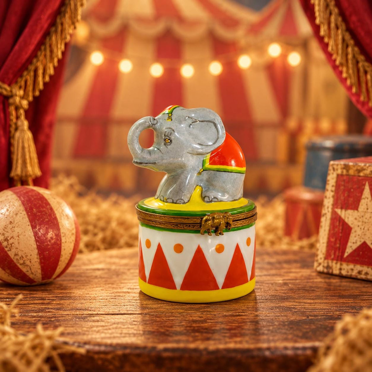 Eximious Limoges circus elephant on drum trinket box, hand painted French porcelain collectible