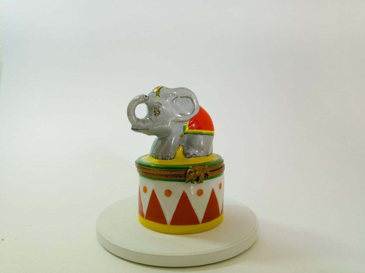Eximious Limoges circus elephant on drum trinket box, hand painted French porcelain collectible