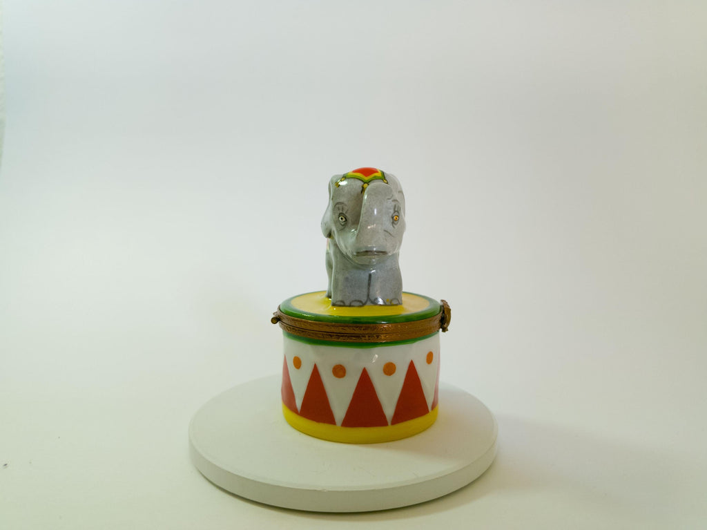 Eximious Limoges circus elephant on drum trinket box, hand painted French porcelain collectible