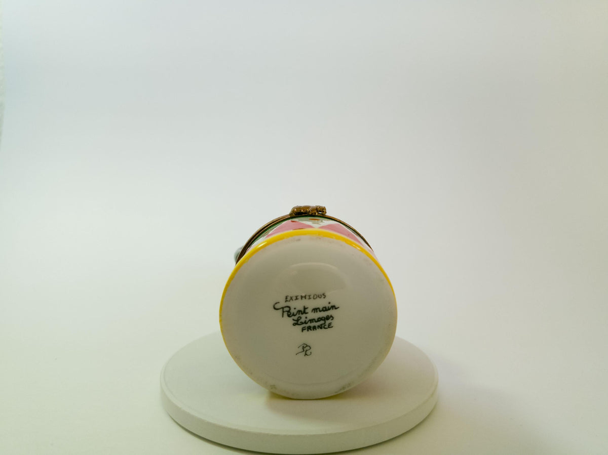 Eximious Limoges circus elephant on drum trinket box, hand painted French porcelain collectible