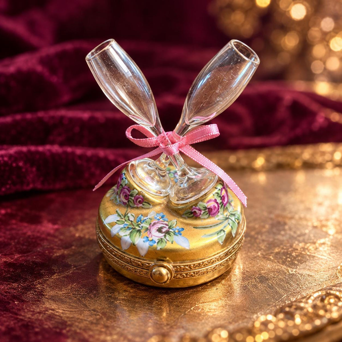 Artoria Limoges champagne toast trinket box, hand painted French porcelain with glass flutes, wedding anniversary collectible