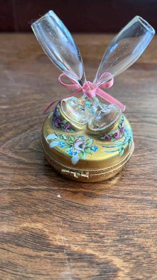 Artoria Limoges champagne toast trinket box, hand painted French porcelain with glass flutes, wedding anniversary collectible