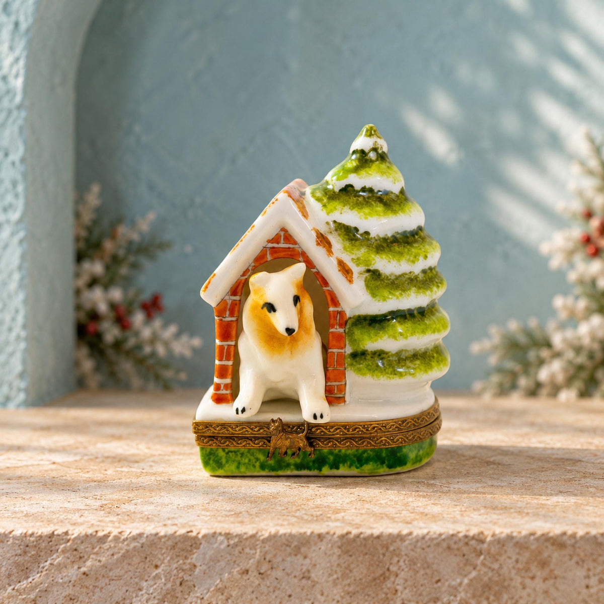 Limoges France doghouse trinket box with dog and snowy Christmas tree, hand-painted porcelain