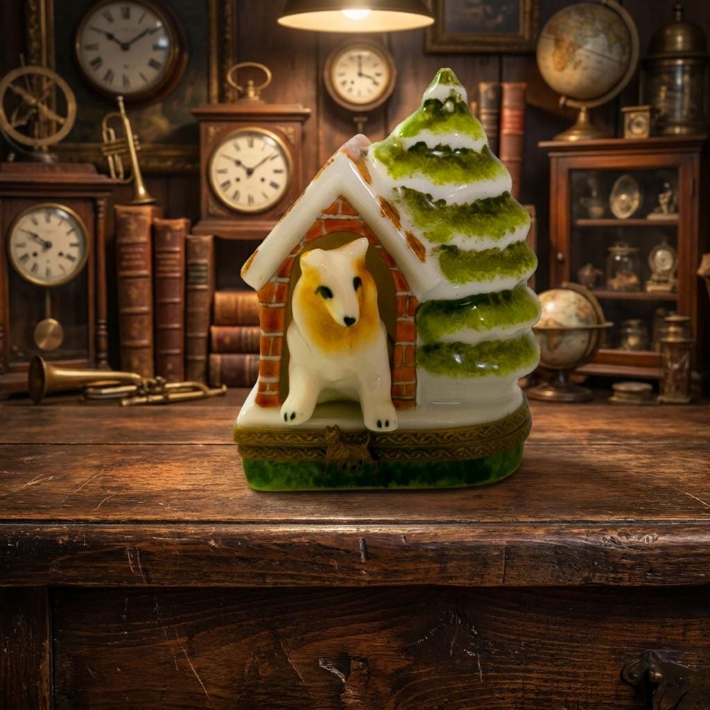 Limoges France doghouse trinket box with dog and snowy Christmas tree, hand-painted porcelain