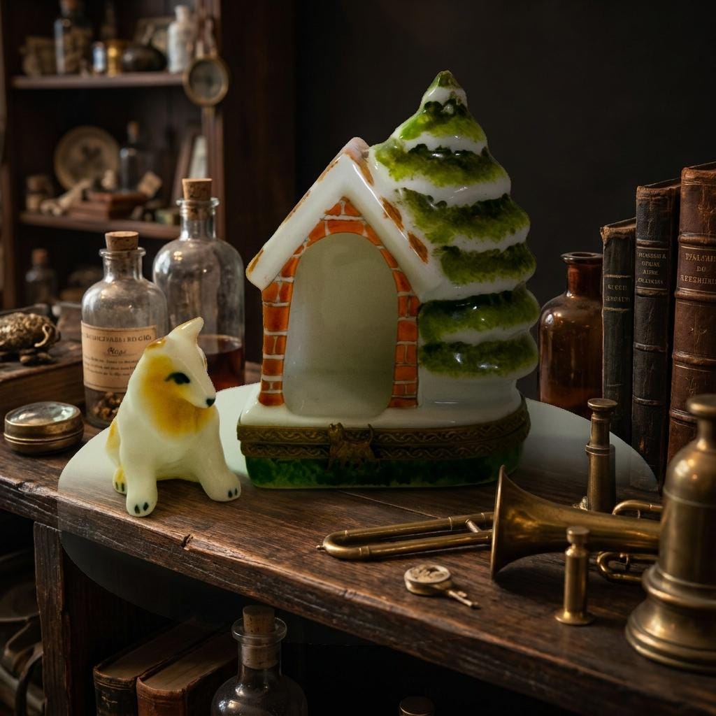 Limoges France doghouse trinket box with dog and snowy Christmas tree, hand-painted porcelain