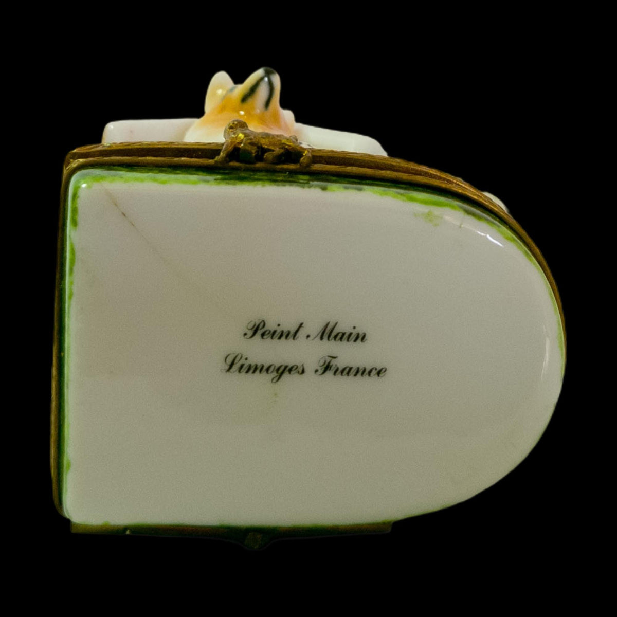 Limoges France doghouse trinket box with dog and snowy Christmas tree, hand-painted porcelain