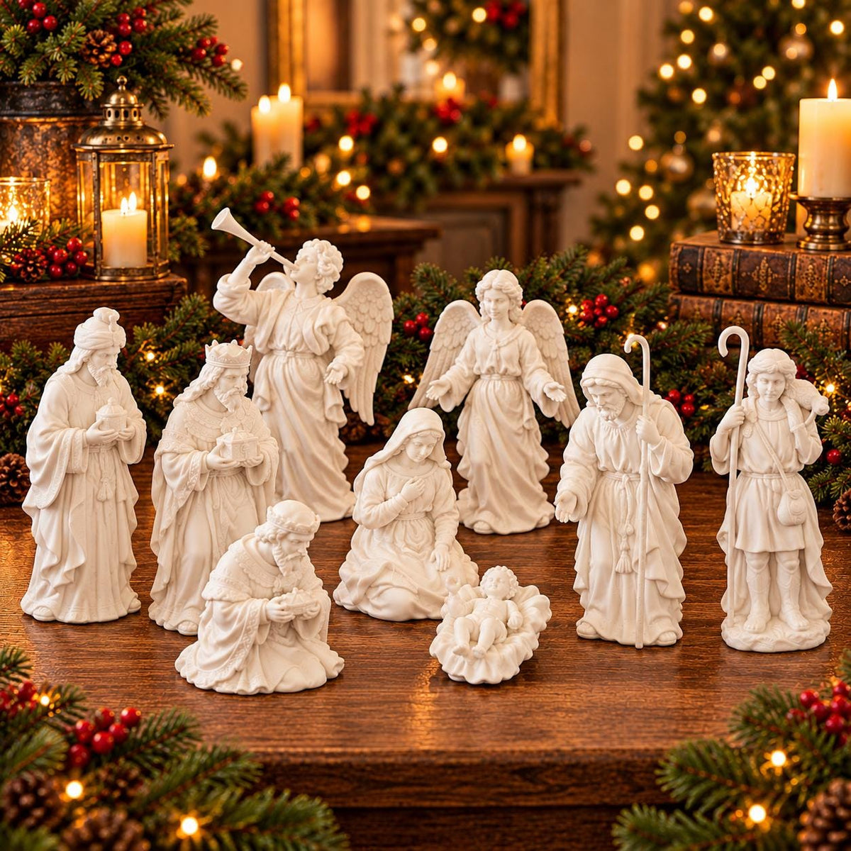 1980s Avon Nativity 9-piece porcelain set, Holy Family, wise men, angels, Vintage Christmas
