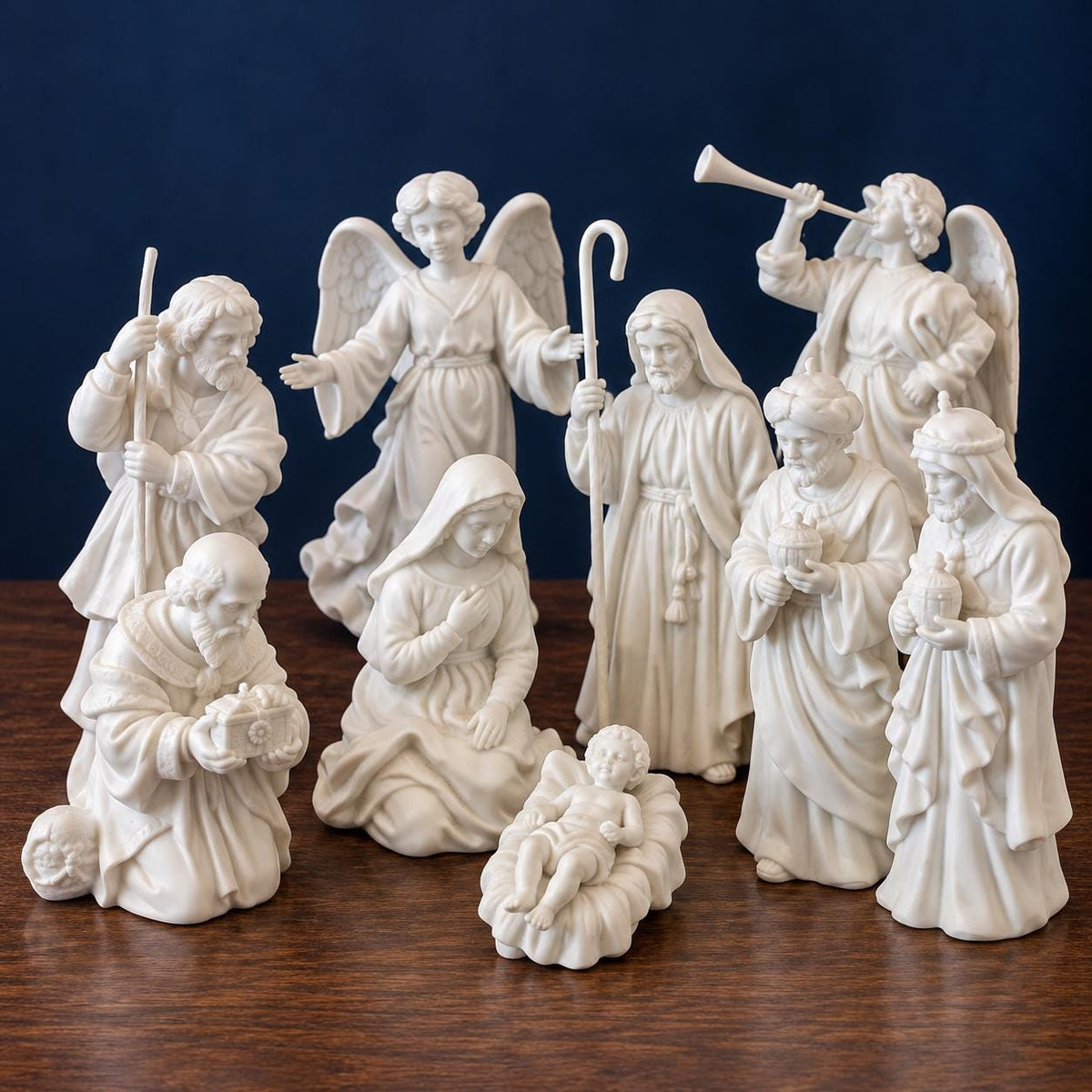 1980s Avon Nativity 9-piece porcelain set, Holy Family, wise men, angels, Vintage Christmas