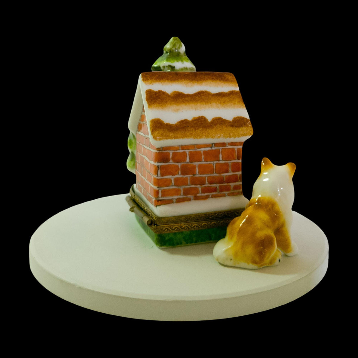 Limoges France doghouse trinket box with dog and snowy Christmas tree, hand-painted porcelain
