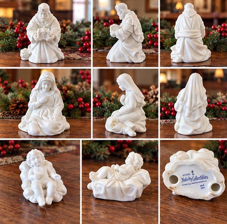1980s Avon Nativity 9-piece porcelain set, Holy Family, wise men, angels, Vintage Christmas