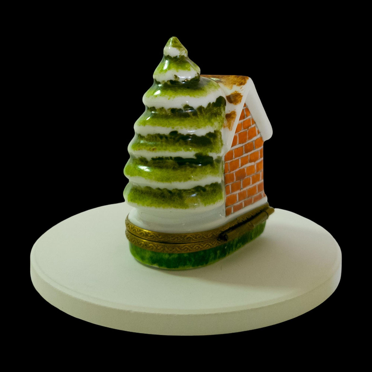 Limoges France doghouse trinket box with dog and snowy Christmas tree, hand-painted porcelain