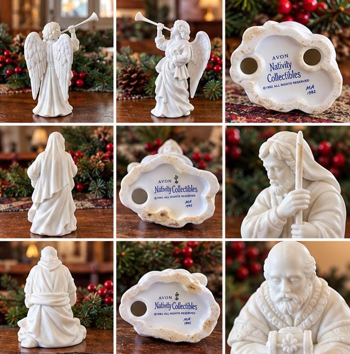 1980s Avon Nativity 9-piece porcelain set, Holy Family, wise men, angels, Vintage Christmas