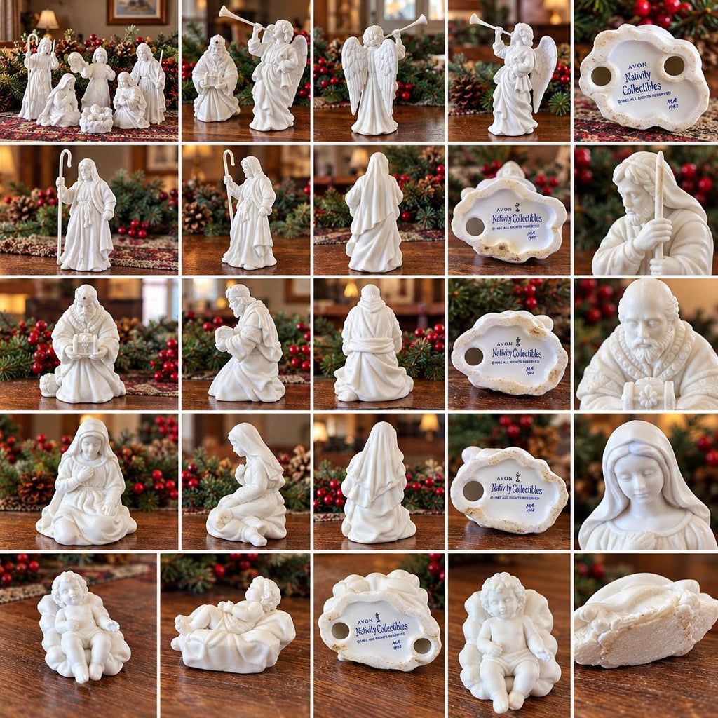 1980s Avon Nativity 9-piece porcelain set, Holy Family, wise men, angels, Vintage Christmas