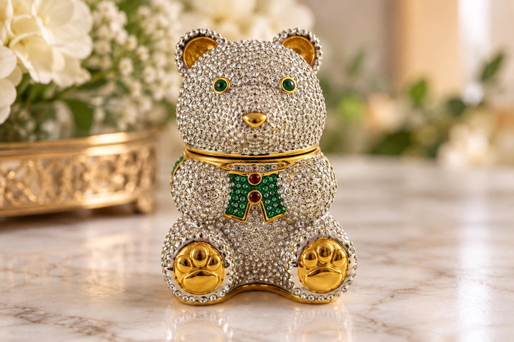 Rhinestone teddy bear trinket box, green jeweled eyes, gold-tone accents