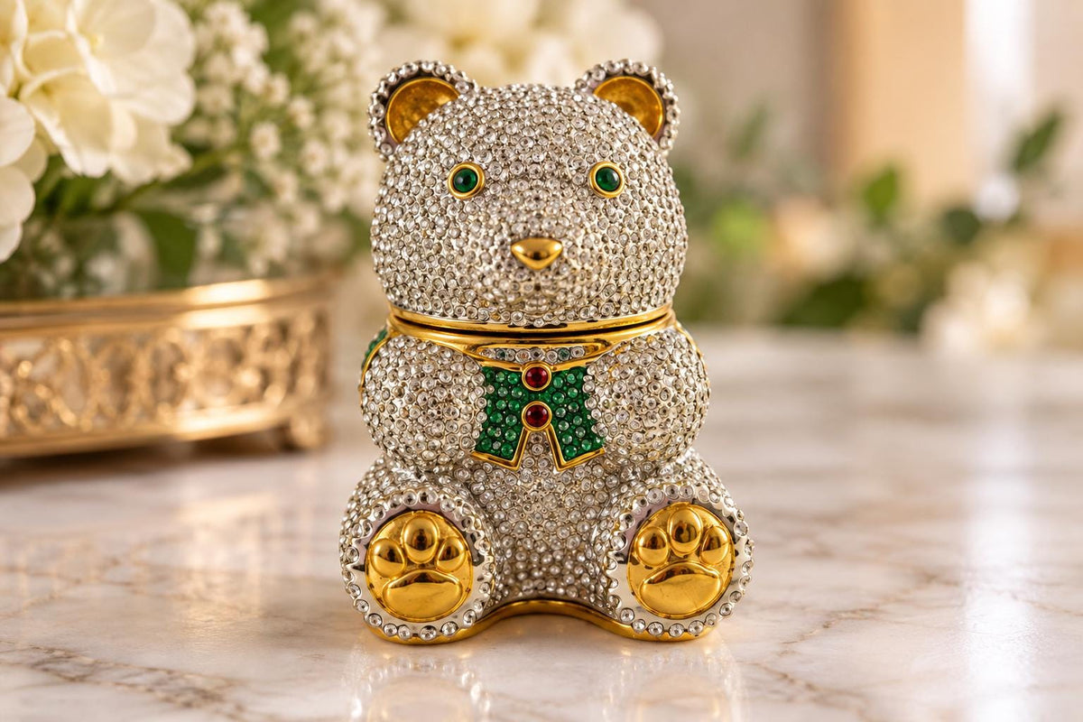 Rhinestone teddy bear trinket box, green jeweled eyes, gold-tone accents