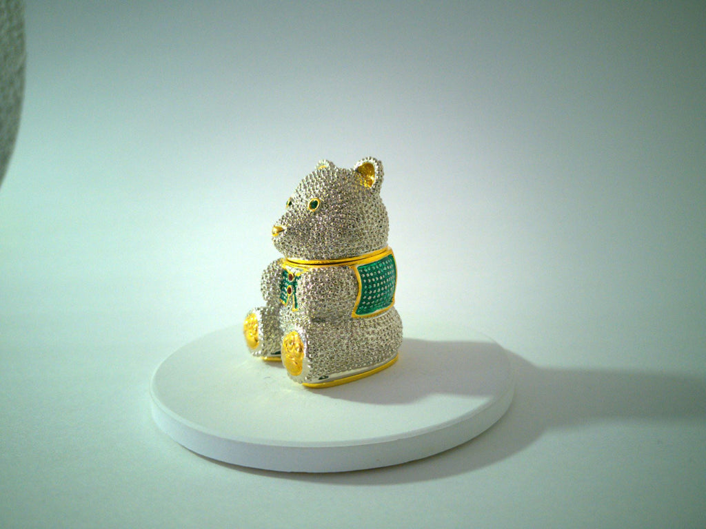 Rhinestone teddy bear trinket box, green jeweled eyes, gold-tone accents