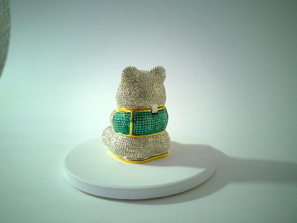 Rhinestone teddy bear trinket box, green jeweled eyes, gold-tone accents
