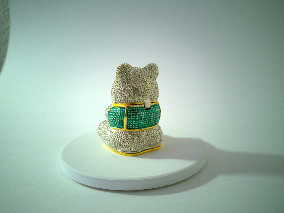 Rhinestone teddy bear trinket box, green jeweled eyes, gold-tone accents