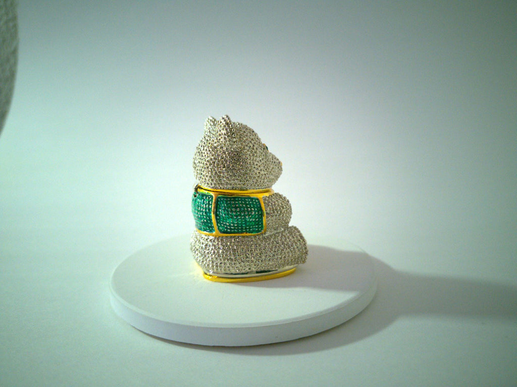 Rhinestone teddy bear trinket box, green jeweled eyes, gold-tone accents