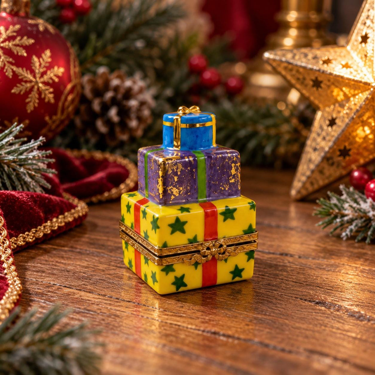 Artoria Limoges three stacked gifts trinket box, hand painted French porcelain Christmas collectible