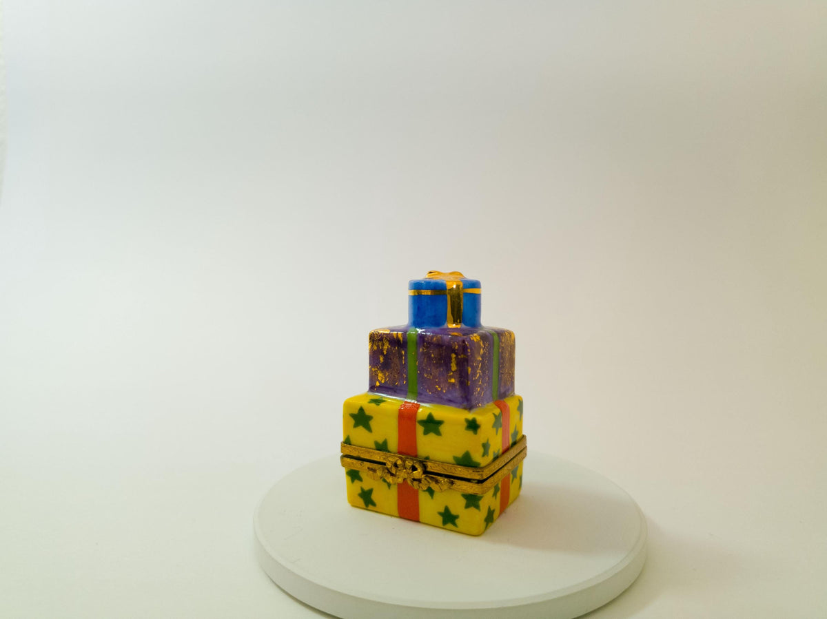 Artoria Limoges three stacked gifts trinket box, hand painted French porcelain Christmas collectible