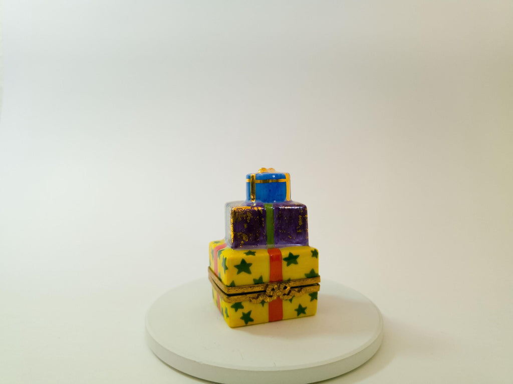 Artoria Limoges three stacked gifts trinket box, hand painted French porcelain Christmas collectible