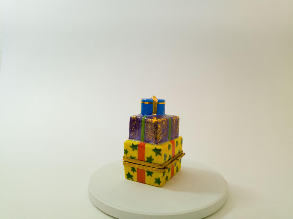 Artoria Limoges three stacked gifts trinket box, hand painted French porcelain Christmas collectible