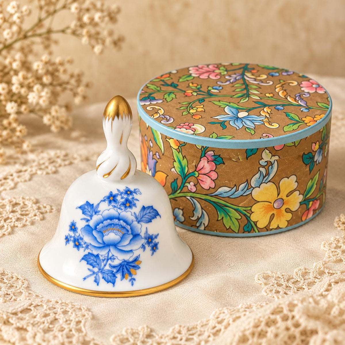 Herend hand-painted blue floral porcelain bell with gold trim, Hungary collectible