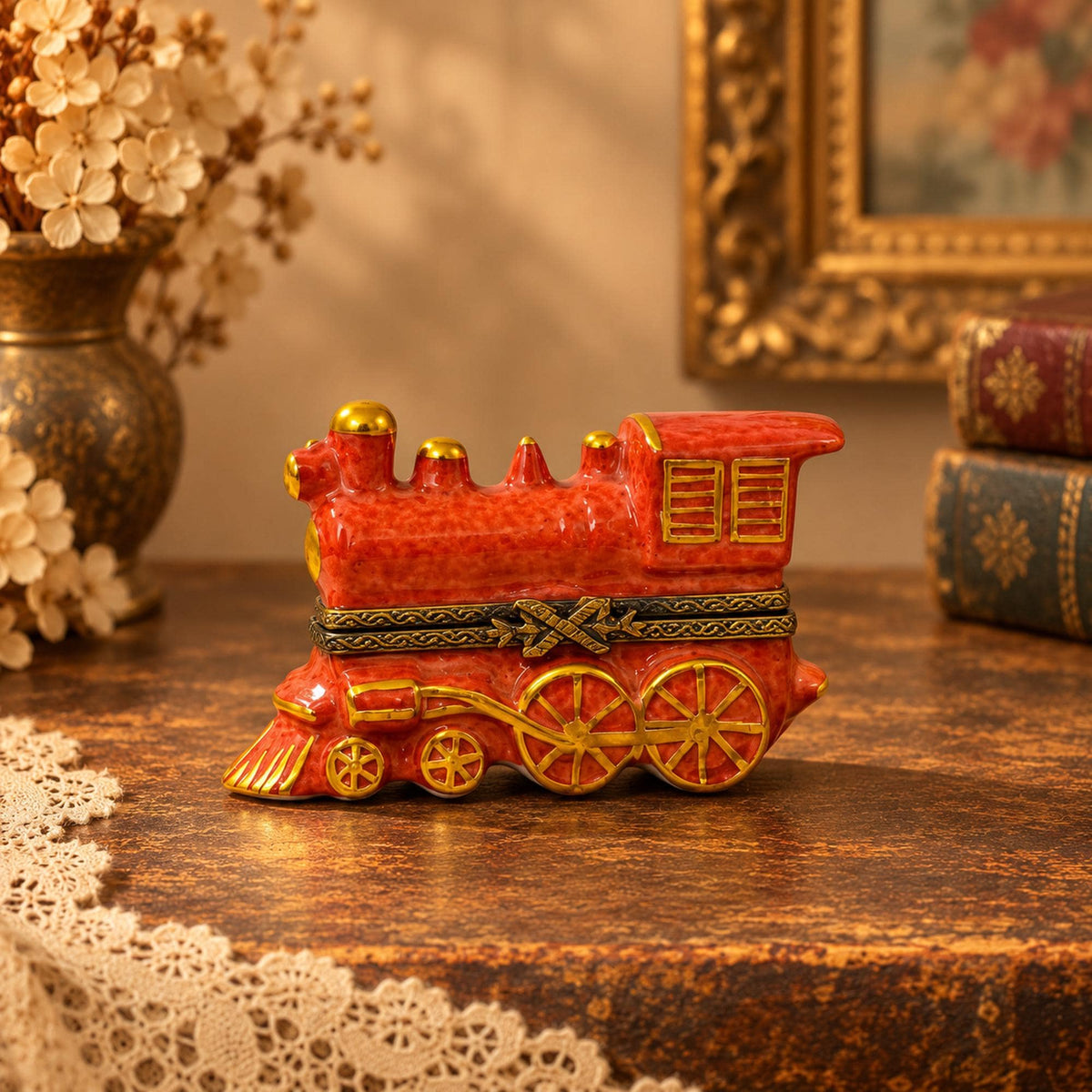 Limoges France red locomotive train trinket box