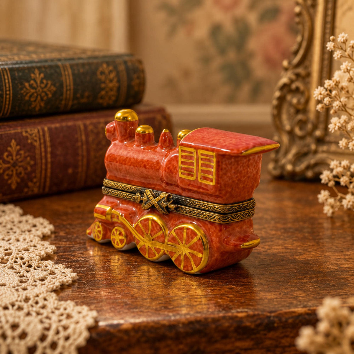 Limoges France red locomotive train trinket box