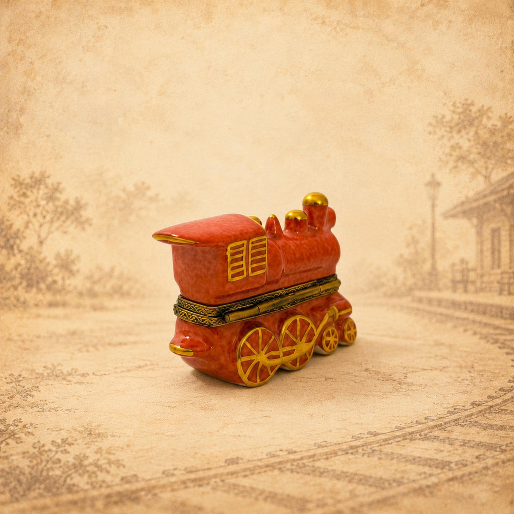 Limoges France red locomotive train trinket box