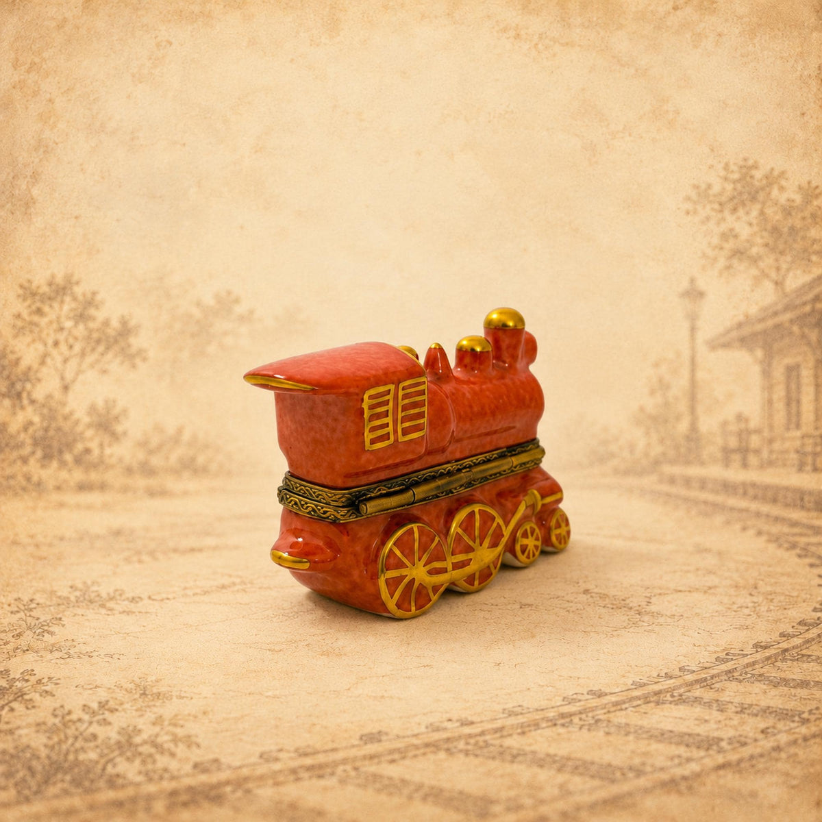 Limoges France red locomotive train trinket box