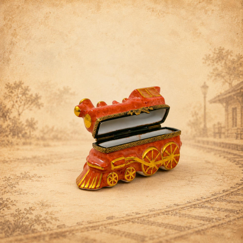 Limoges France red locomotive train trinket box