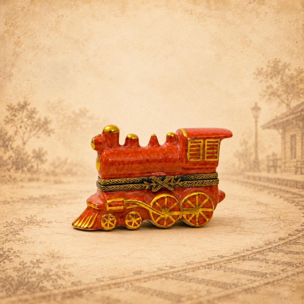Limoges France red locomotive train trinket box